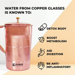 Kuber Industries 1500ml Copper Jug with Lid | BPA Free, Non Toxic, Copper | Rustproof, Durable, Lightweight | with Added Health Benefits of Copper | Ergonomic Design, Easy to Clean | 1.5 L
