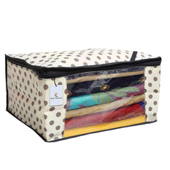 Kuber Industries Polka Dots Printed 6 Pieces Non Woven Fabric Saree Cover/Clothes Organiser for Wardrobe Set with Transparent Window, Extra Large (Ivory)-KUBMART2799