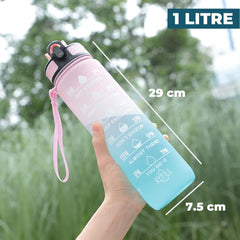 Homestic Motivational Water Bottle with Time Marker | Sipper Water Bottle for Kids & Adults with Straw | For Gym, Home, Office & School | Pink Blue -1 L