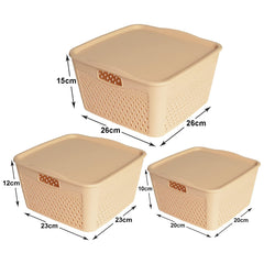 Heart Home Netted Design Unbreakable Multipurpose Square Shape Plastic Storage Baskets with lid Small, Medium, Large Pack of 3 (Beige)