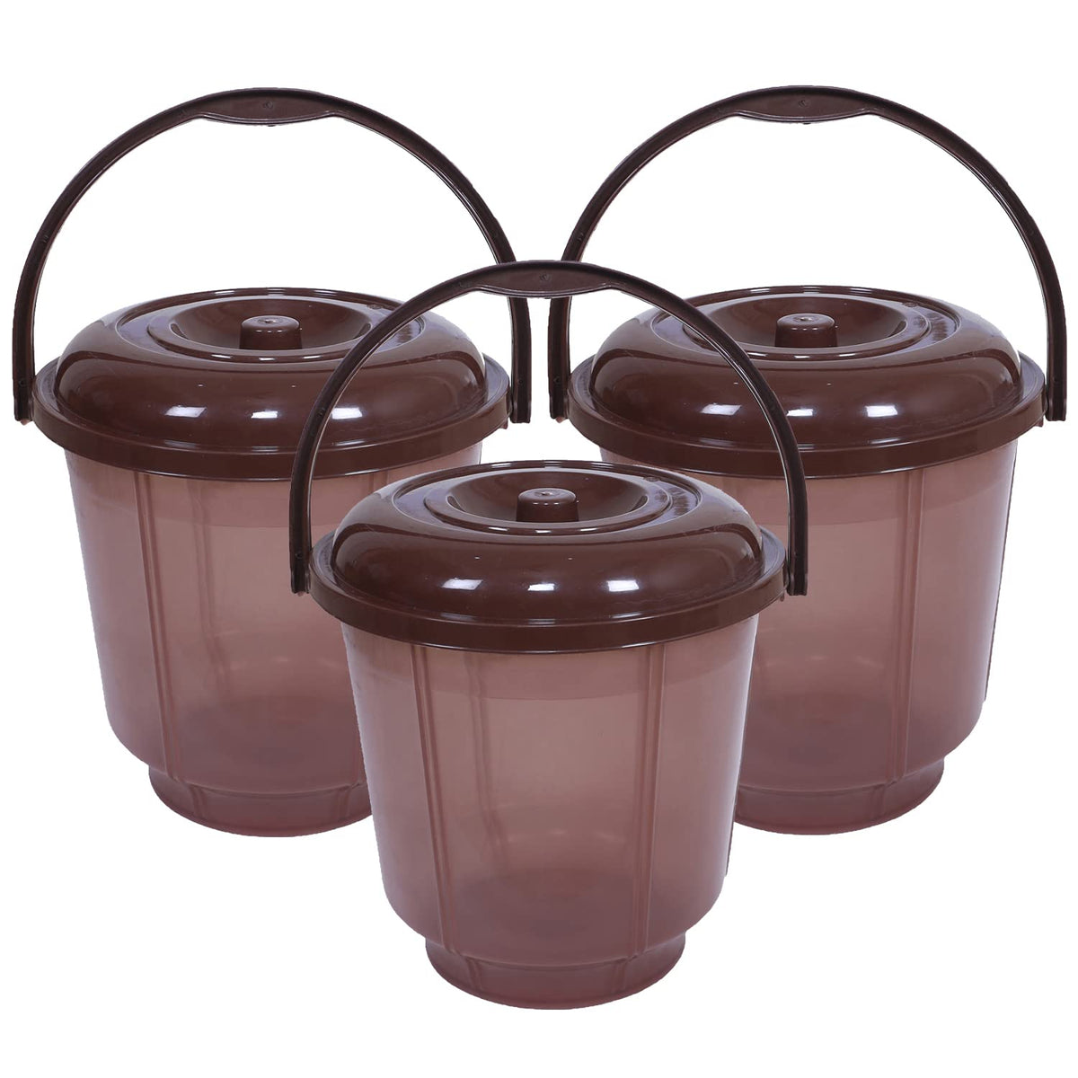 Kuber Industries Colorful Homeware Bucket| Plastic Bucket|Transparent Bucket with Lid & Handle for Bathroom,Home Use,13 Litre,Pack of 3 (Brown)