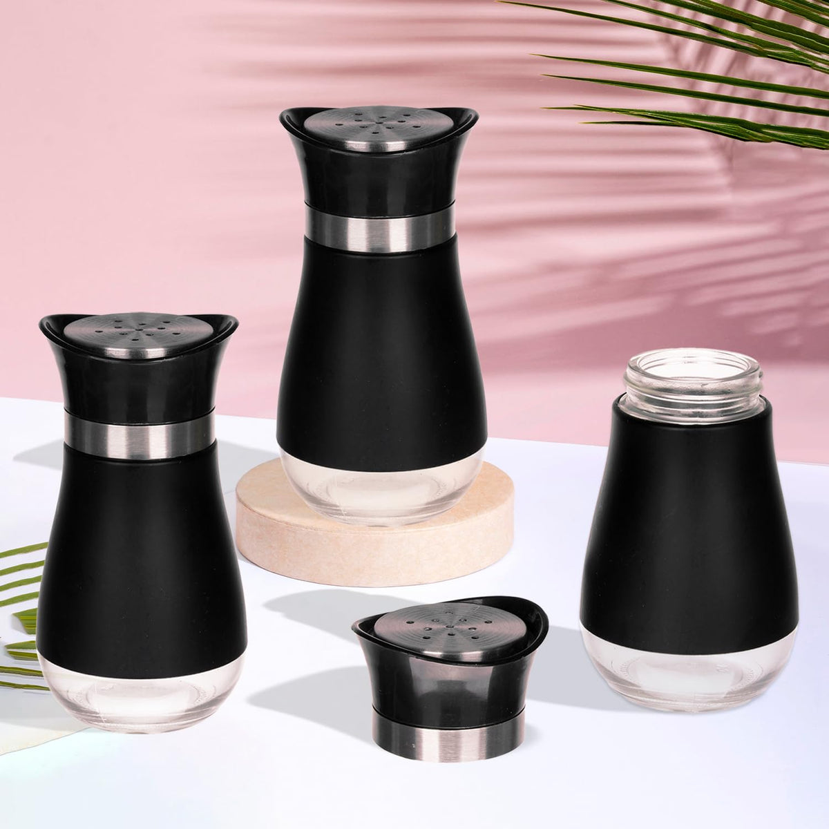 Heart Home Salt Shaker Box | Stainless Steel Pepper Shaker Box | Chilli Flakes Seasoning Sprinkler Box | Namak Daani | Dining Table Masala Box Dabbi | Pack of 3 | Black