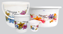 Heart Home Printed 4 Pieces Unbreakable Virgin Plastic Multipurpose Bucket, Dustbin, Mug & Tub Set (White)