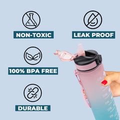 Homestic Motivational Water Bottle with Time Marker | Sipper Water Bottle for Kids & Adults with Straw | For Gym, Home, Office & School | Pink Blue -1 L