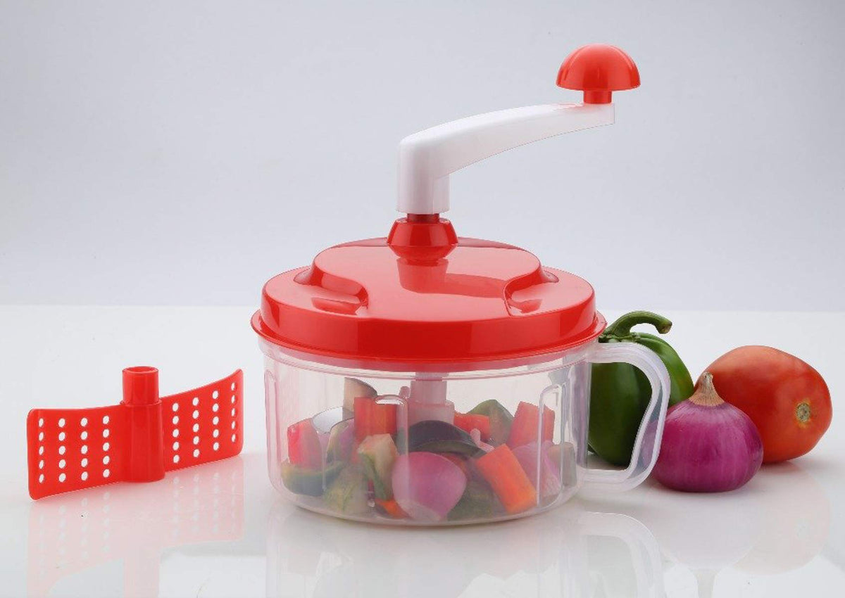Heart Home Plastic ChopNchurn/ 2 in 1 Vegetable and Fruit Chopper with Beating Blade,Churner,Grater, Slicer /Lassi Maker,Red-HEARTK10205