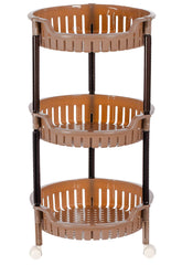 Heart Home Plastic 3-Tier Multi-Purpose Round Rolling Storage Cart Organizer Shelf Rack With Wheels (Brown) -46HH0555