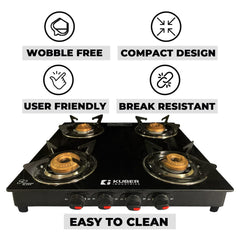 Kuber Industries Gas Stove 4 Burners | Highly Quality Glass Top, Manual Ignition & Cast Iron Burner | Easy to Clean, Wobble Free Pan Support Stand | Break Resistant | Compact & User-Friendly Design