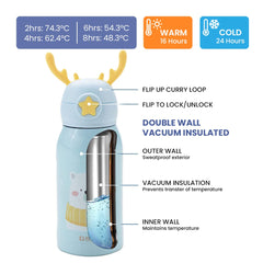 Kuber Industries Sipper Water Bottle for Kids, Vacuum Insulated Stainless Steel Flask with Straw, Cup & Holder Bag, Double Walled Flask, Leak Proof, BPA Free, Unicorn Design, 500 ml (Pack of 1)