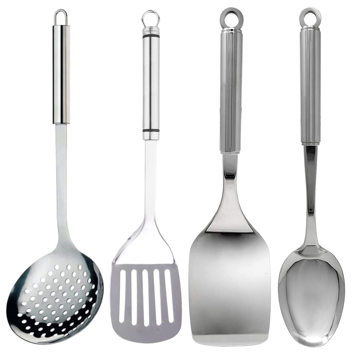 Heart Home Multiuses Serving & Cooking Stainless Steel Kitchen Tool & Utensil, Set of 4 (Skimmer & Spatula & Solid Turner & Slotted Turner) (Silver)