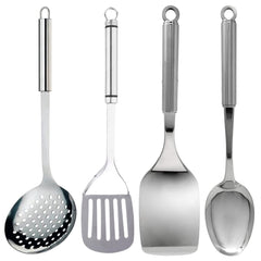Heart Home Multiuses Serving & Cooking Stainless Steel Kitchen Tool & Utensil, Set of 4 (Skimmer & Spatula & Solid Turner & Slotted Turner) (Silver)