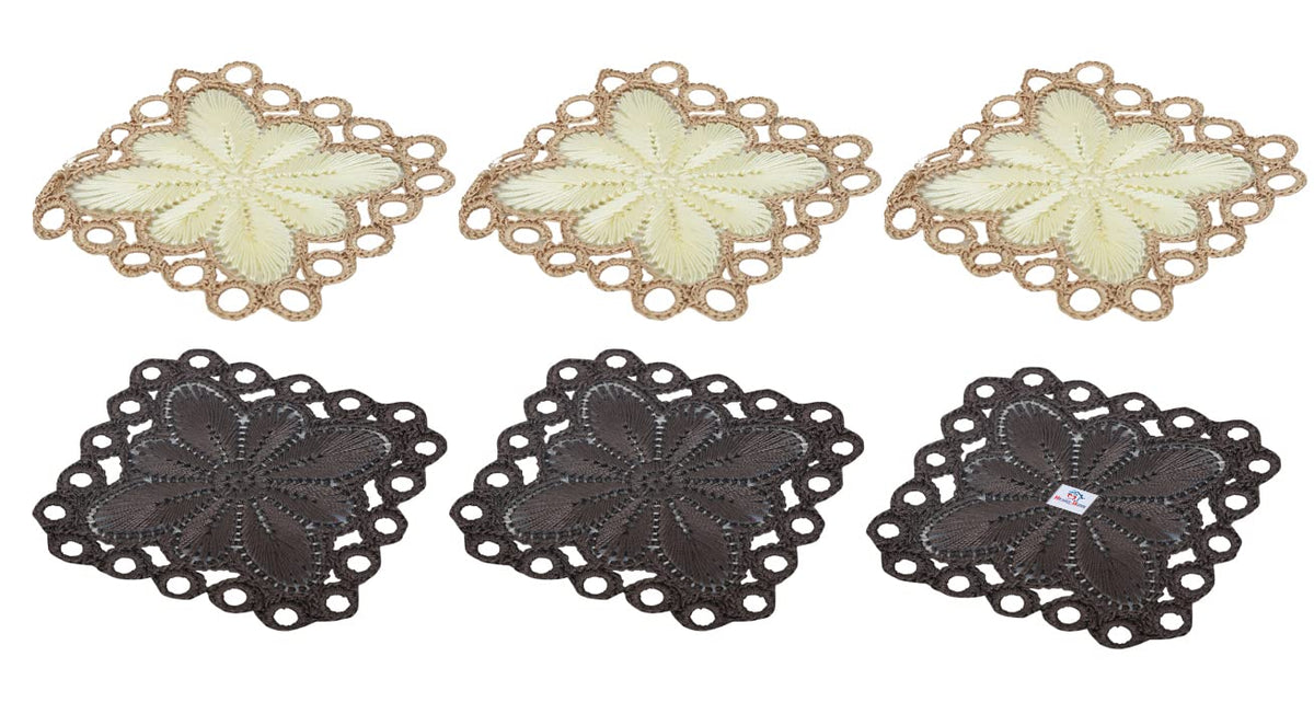 Heart Home Flower Design Handmade Square Cotton Coaster for Kinds of Mugs and Cups, Set of 6 (Brown & Cream)