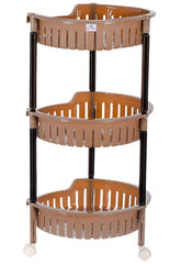 Heart Home Plastic 3-Tier Multi-Purpose Round Rolling Storage Cart Organizer Shelf Rack With Wheels (Brown) -46HH0555