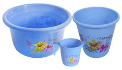 Kuber Industries Printed 3 Pieces Plastic Mug, Dustbin & Tub Set (Blue)
