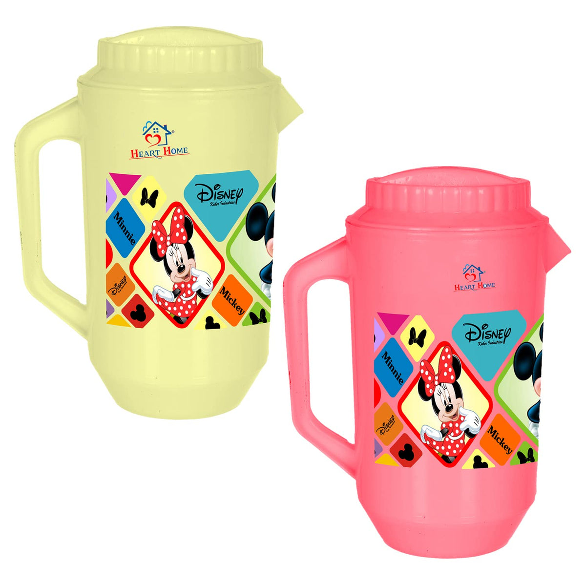 Heart Home Multiuses Mickey Minnie Print Leak Proof Unbreakable Plastic Water Jug with Lid for Water, Juice, Milk 2 Liter Pack of 2 (Cream & Pink)