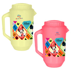 Heart Home Multiuses Mickey Minnie Print Leak Proof Unbreakable Plastic Water Jug with Lid for Water, Juice, Milk 2 Liter Pack of 2 (Cream & Pink)