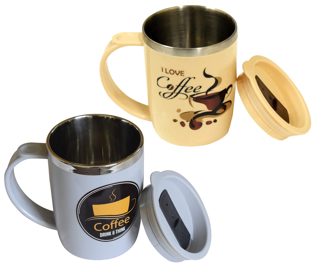 Kuber Industries Double Wall Vacuum Insulated Food Grade BPA Free Plastic Coffee Mug with Lid, Pack of 2 (Grey & Coffee)