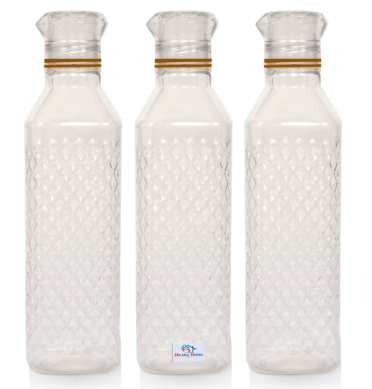Heart Home Plastic Squere Shape Crystal Design Water Bottle for Home & Traveling, 1Ltr. Set of 3 (Transparent) 54HH4303.