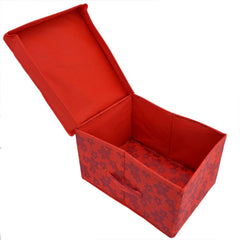 Heart Home Metallic Flower Printed Multipurposes Non-Woven Flodable Storage Box/Oragnizer (Red)-HS43HEARTH26586
