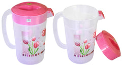 Heart Home Flower Printed Plastic Water & Juice Jug, Drinking Beverage Jug,with Lid for Daily Uses, 2.4 LTR- Pack of 2 (Pink)-HS42KUBMART25232