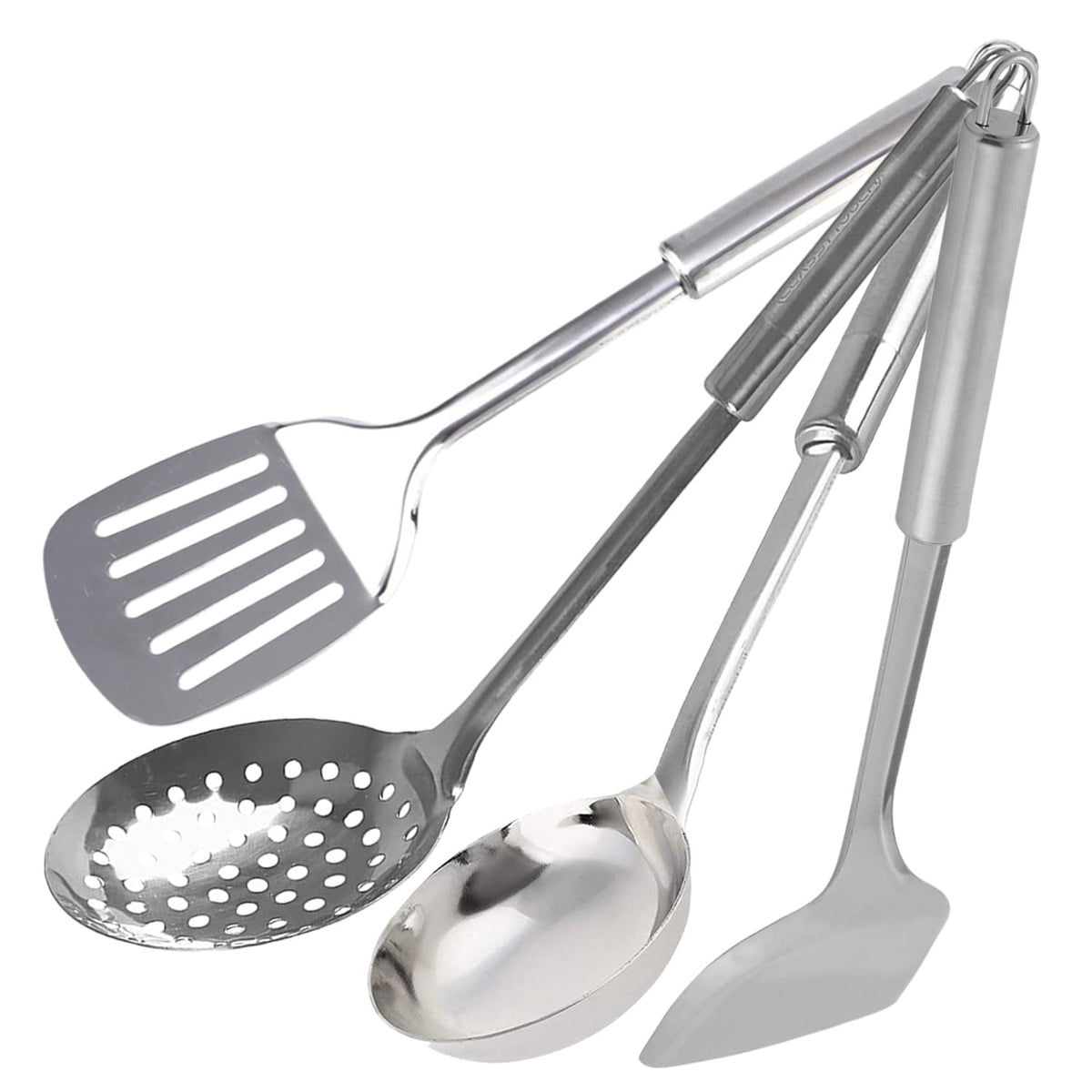 Heart Home Stainless Steel Kitchen Utensil, Cookware Set, Kitchen Tool- Set of 4 (Skimmer & Spatula & Solid Turner & Ladle) (Silver)
