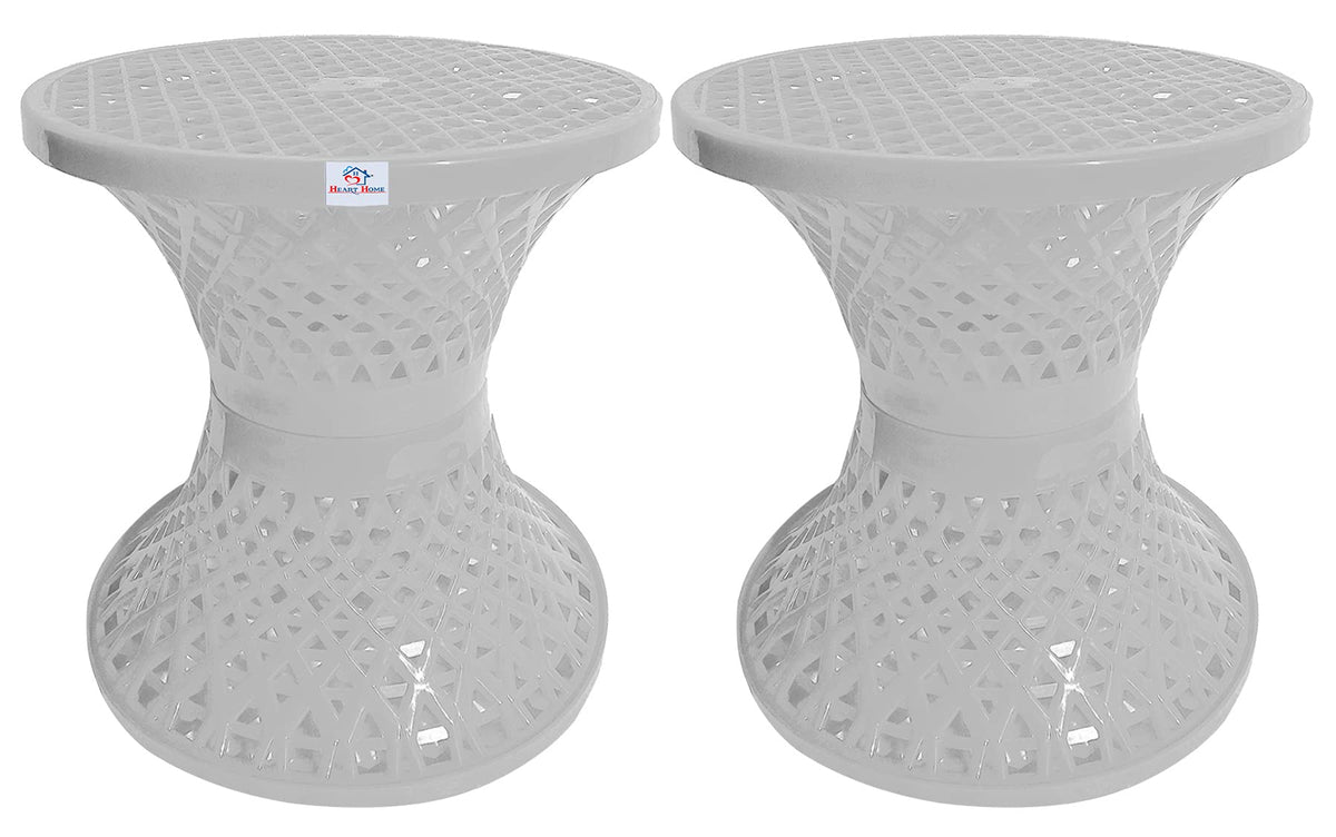 Heart Home Mesh Design Both Sided Plastic Sitting Stool, Planter Stand, Sidetable for Living Room, Bed Room, Garden in Damroo Style- Pack of 2 (White), Standard (HS_38_HEARTH021789)