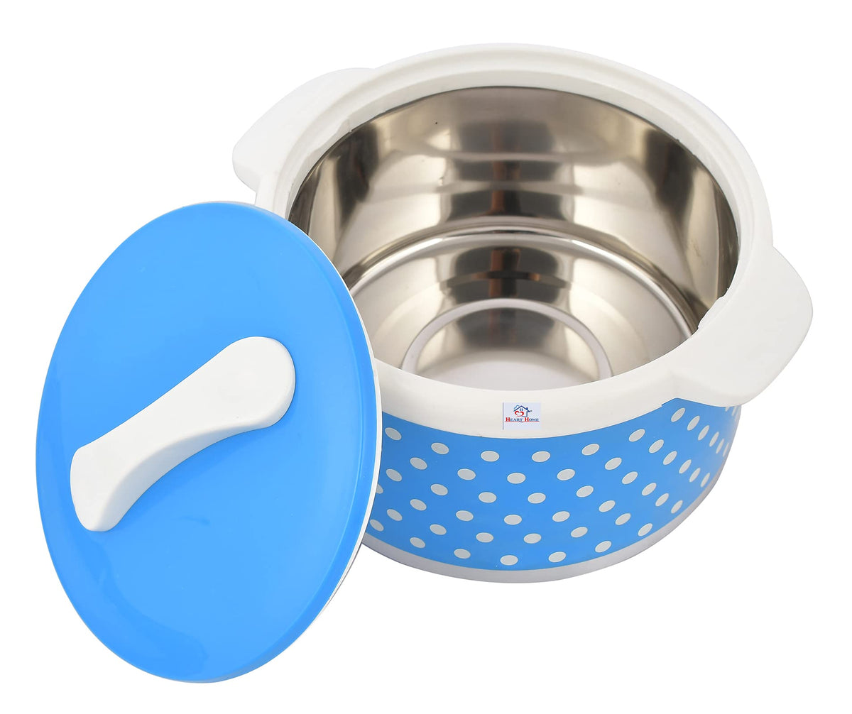 Heart Home Dot Printed BPA Free Food Grade Inner Stainless Steel Casserole Keeps Chapati, Food, Curry With Lid, 2500ml (Blue)-HS42KUBMART25046