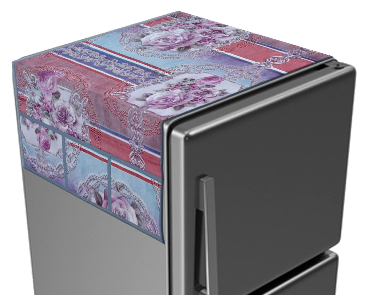 Kuber Industries Flower Print PVC Fridge Top Cover with 6 Utility Side Pockets (Grey)