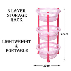 Kuber Industries Storage Basket | Plastic 3 Layer Kitchen Storage Basket | Storage Rack for Kitchen | Multi-Layer Vegetable Rack | Mondeo Floor-Standing Rack | Pink