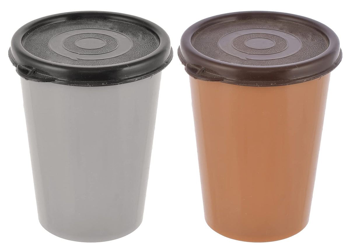 Heart Home Plastic Glass/Tumbler with Lid, 300ml- Set of 2 (Grey & Coffee)-HS43HEARTH25679
