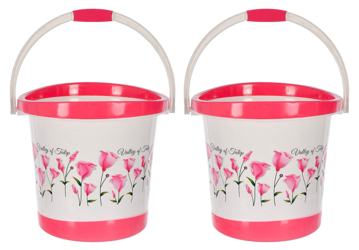 Kuber Industries Multiuses Floral Print Plastic Bucket with Handle, 18 Litre Pack of 2 (Pink & White)-46KM0373, Standard