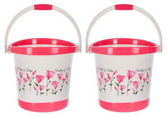 Kuber Industries Multiuses Floral Print Plastic Bucket with Handle, 18 Litre Pack of 2 (Pink & White)-46KM0373, Standard