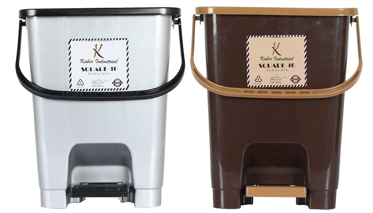 Kuber Industries Square Premium Plastic Pedal Dustbin with Lid for Home/Kitchen/Office 10 Ltr (Brown & Coffee)-Pack of 2-KUBMART16424
