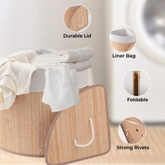 Kuber Industries Bamboo Basket With Lid|Foldable Laundry Basket For Clothes|Durable Rope Handles & Removable Bag|Natural