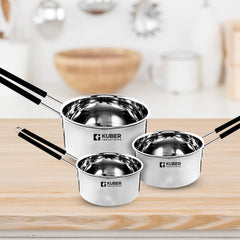 Kuber Industries Stainless Steel Sauce Pan Set for Kitchen | Stainless Steel, Wobble Free Base & Insulated Handles | Glossy, Easy to Clean & Durable | Milk & Tea Pan Set of 3 - Assorted