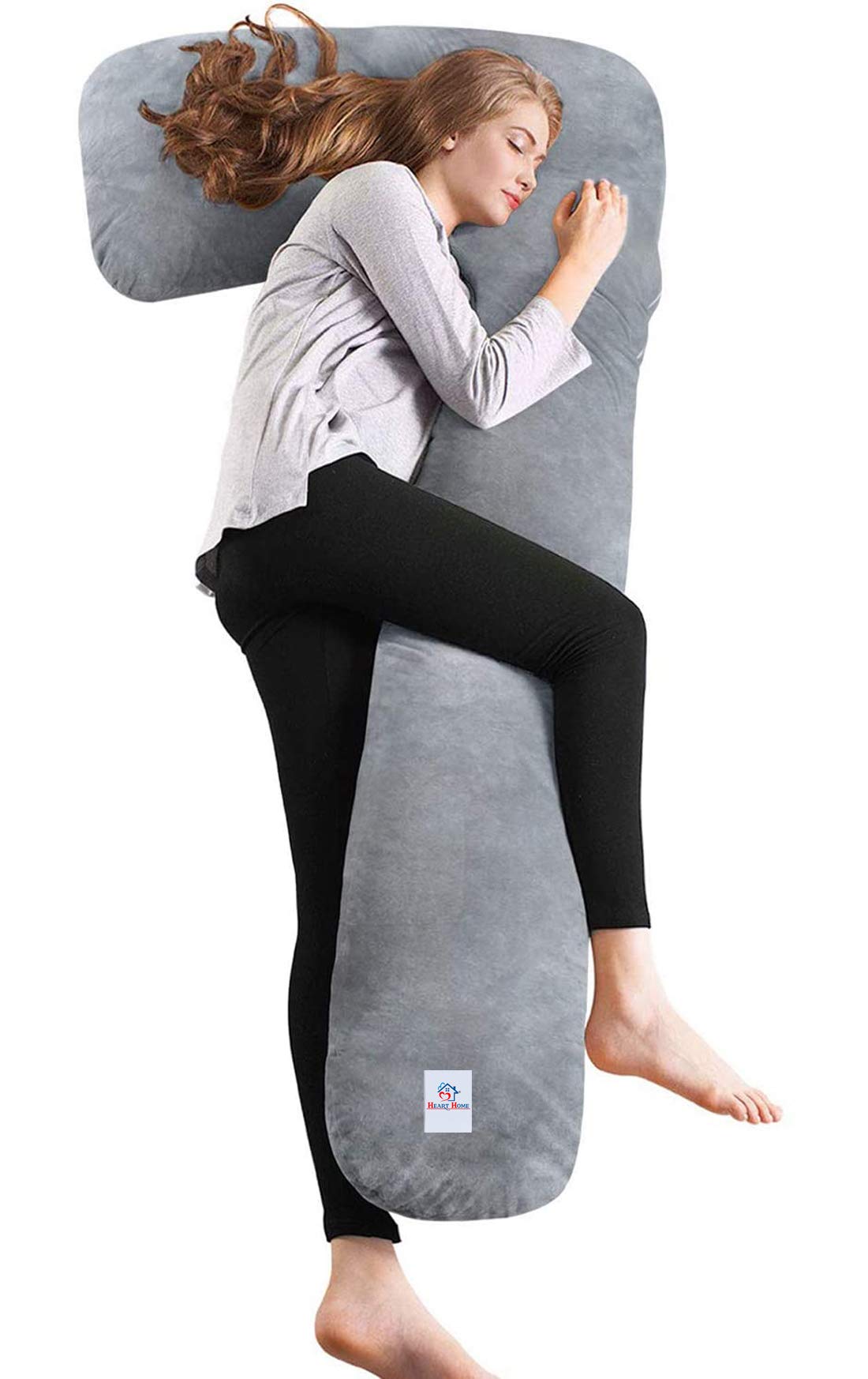 Heart Home Cotton Ultra Soft Hollow Fibre L Shaped Maternity Pillow, Pregnancy Pillow, Body Pillow with Zippered Cover (Grey)-HEART11432, Standard