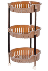 Heart Home Plastic 3-Tier Multi-Purpose Round Rolling Storage Cart Organizer Shelf Rack With Wheels (Brown) -46HH0555