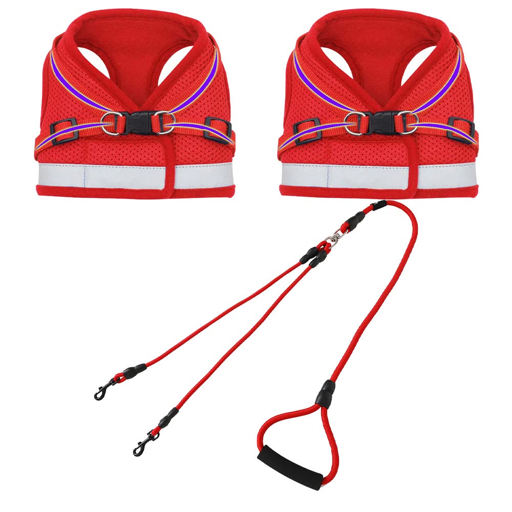 Kuber Industries 2 in 1 double Hook leash and 2 Dog Chest Harness with Nylon Leash I Strong Dog Rope Leash with Comfortable Padded Handle | No Pull, Soft Padded and Breathable Dog Vest I Adjustable, Reflective I Easy Control Dog Chest Belt (Red, XL)