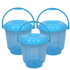 Kuber Industries Colorful Homeware Bucket| Plastic Bucket|Transparent Bucket with Lid & Handle for Bathroom,Home Use,13 Litre,Pack of 3 (Sky Blue)