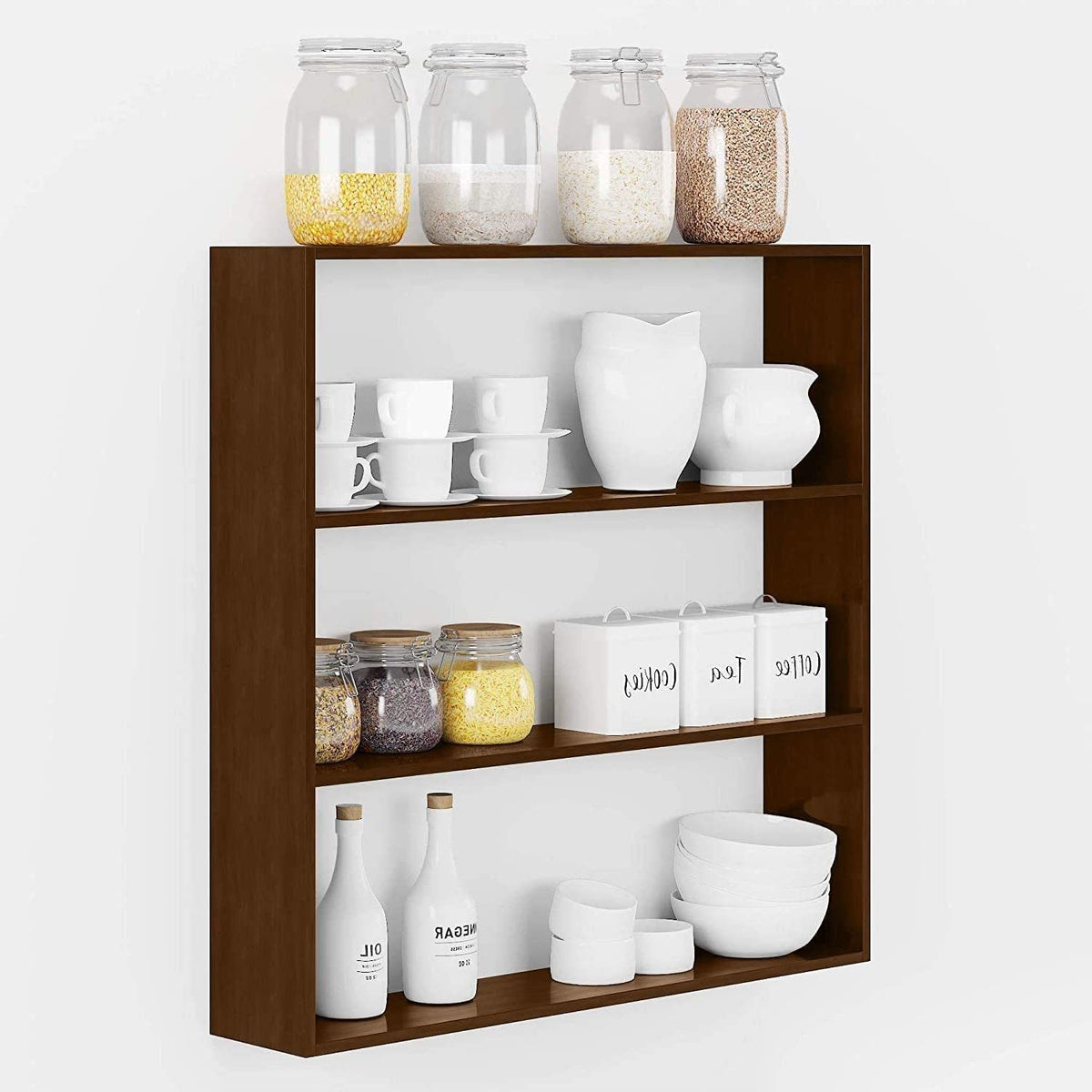Kuber Industries Kitchen Wall Shelf|Wooden Handicraft Wall Mounted 3 Shelves for Kitchen|Multipurpose Storage Wall Shelf,30"X30" (Brown)