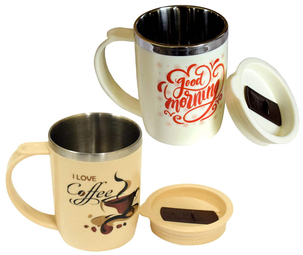 Kuber Industries Double Wall Vacuum Insulated Food Grade BPA Free Plastic Coffee Mug with Lid, Pack of 2 (Cream & Coffee)