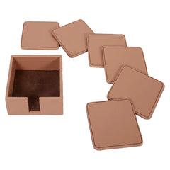 Heart Home Tea Coaster|Soft Leather Heat Insulation Tabletop Coasters|Decorative Holder for Tea, Coffee & Office Desk with Stand Set of 6 (Light Brown)