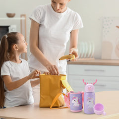 Heart Home Water Bottle for Kids|Unicorn Design Stainless Steel Flask with Straw, Cup & Fabric Cover|Sipper Bottle for Kids|Food Grade Plastic Lid|Broad Fabric Strap|Leak Proof, BPA Free|500 ml