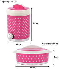 Heart Home Dot Printed Food Grade BPA Free Inner Steel Insulated 2 Cassrole & 1 Water Jug/Camper Set For Travel, Picnic, Outdoor Entertaining, Set of 3 (Pink) -HS42HEARTH25144