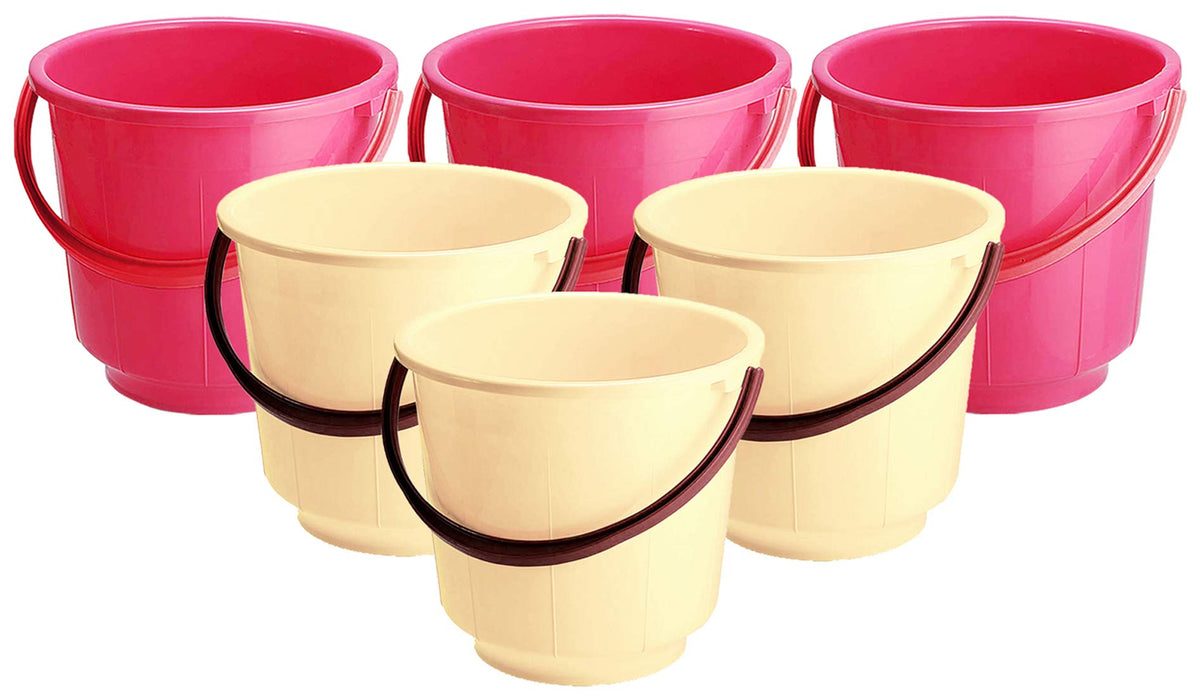 Kuber Industries 6 Pieces Unbreakable Strong Plastic Bathroom Bucket 13 LTR (Pink & Cream) - CTKTC037951
