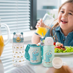 Kuber Kids Water Bottle Combo Set|Sipper Bottle for Kids|1 Piece Dino Design Stainless Steel Water Bottle|1 Piece Food Grade Plastic Bottle|550 & 500 ML|PACK Of 2|Green & Blue