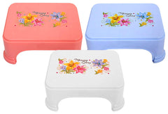 Kuber Industries Floral Print 3 Pieces Plastic Bathroom Stool, Adults Simple Style Stool Anti-Slip with Strong Bearing Stool for Home, Office, Kindergarten, Pink, Blue & White-KUBMART10881