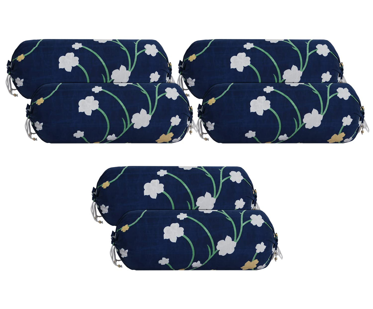 Kuber Industries Bolster Cover|Soft Cotton Bolster Cover Set|Diwan Round Bolster Pillow Covers|Luxurious Flower Print Roll Masand Cover|16x32 Inch|Pack of 6 (Blue)