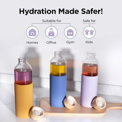Heart Home Water Bottle | Glass Bottle | Sleeve Protection Bottle | Bamboo Lid Water Bottle | Travel Round Bottle | XB5501-PURP-Blue | 550 ML | Set of 2 | Purple-Blue