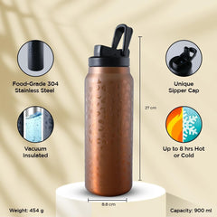 Homestic Water Bottle | Vacuum Insulated Travel Bottle | Gym Water Bottle | Hot & Cold Water Bottle | Leopard-Print Bottle with Sipper Cap | DA230805 | 900 ML | Golden