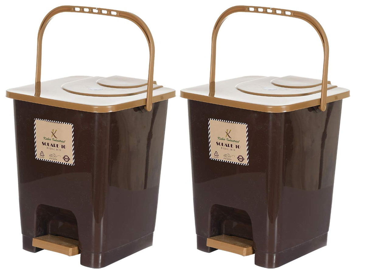 Kuber Industries Premium Plastic Pedal Dustbin 10 Ltr (Brown)-Pack of 2-KUBMART16411